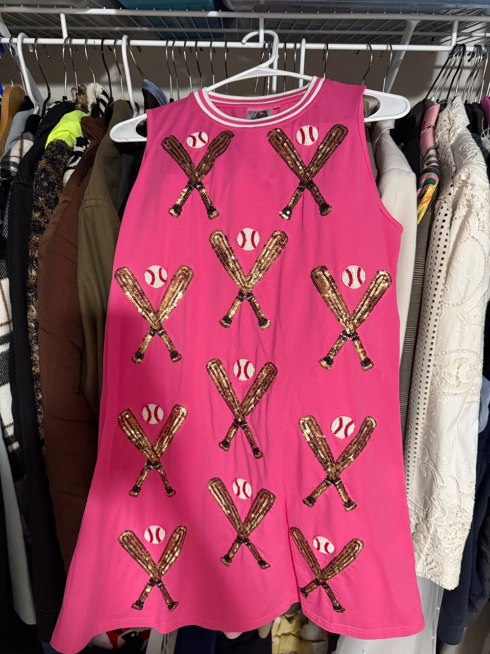 QUEEN OF SPARKLES Hot Pink Sequin Baseball Bat Mini Dress